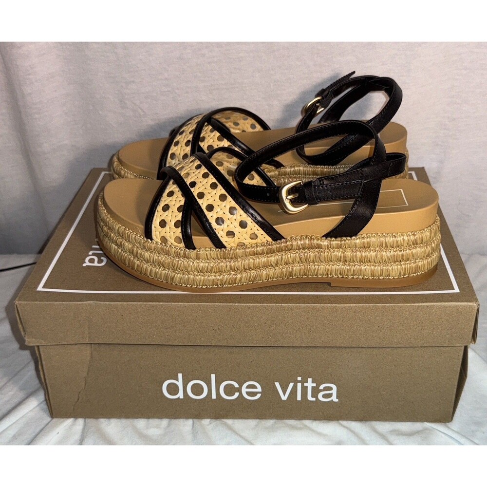 NEW NIB Dolce Vita WRILEY Black Tan Raffia Size 9.5 Platform Espadrille Sandals